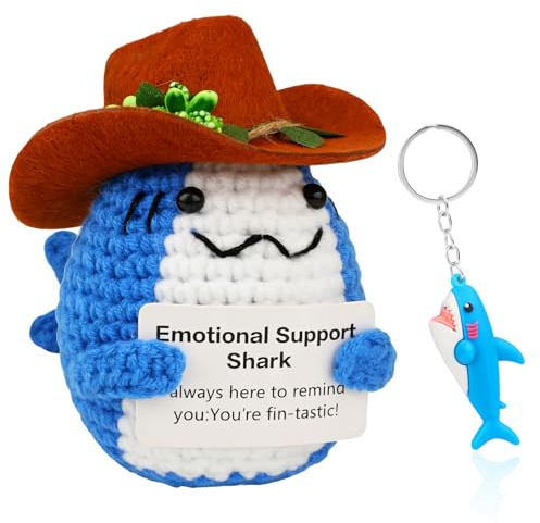 Vspek Positive Crochet Animals, Cowboy Hat Shark Handmade Knitted Doll with Positive Card, Blue Shark Charm Keychain, Emotion Support Gift for Women, Men, Friends, Coworker, Home Office Desk Decor