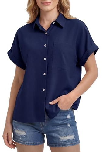 Enmain Chemise Lin Femme Manches Courtes Été Chemisier Blouse en Lin Coton à Boutons Col en V Uni Léger Ample pour Femme Chic et Élégant Décontracté avec Poche