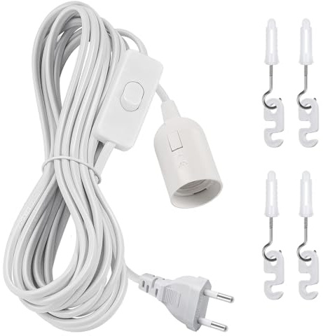 Portalámparas E27 con interruptor, casquillo E27 y cable de alimentación de 4 m con enchufe europeo, para lámparas colgantes, lámparas de techo y lámparas DIY, blanco (Blanco)