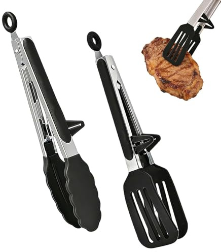 Food Safe Silicone Kitchen Tongs, 2 Pcs Kitchen Tongs with Resting Gadget, Stainless Steel Non-Slip Cooking Handle for Baking Frying Steak Serving Buffet Barbecue Pizza Salad (Black)