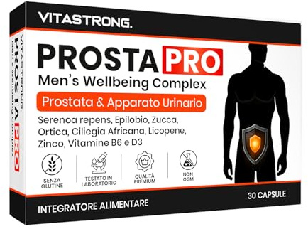 ProstaPro Vitastrong, Kosttillskott för prostata med Serenoa Repens 45%, Pumpa, Nässla, Ögontröst, Pygeum, Lykopen, Zink, Vit B6 och D3, För urinvägar, 1 kapsel/dag, Gluten- och laktosfri
