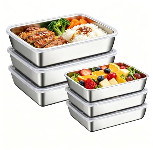 Panierschalen Set Mit Deckel 6-Teilig Luftdicht Stapelbar 26 X 20 X 5 cm | Edelstahl Schale Rechteckig,Lebensmittelecht Rostfrei, Spülmaschinenfest Kühlschrank Behälter für Wurst Fleisch Gemüse