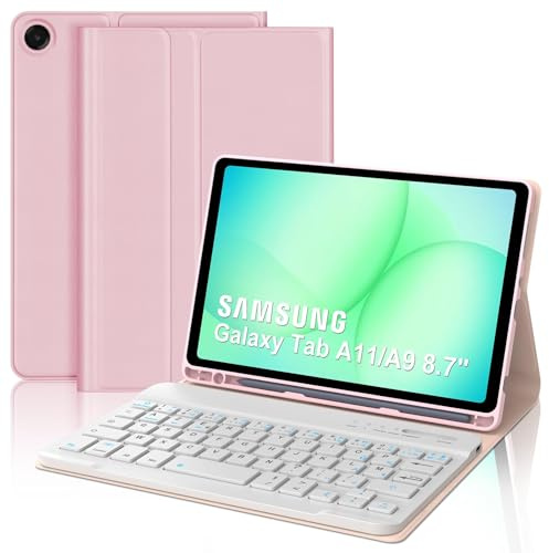Occtingkind Coque Clavier pour Samsung Galaxy Tab A11/A9 8.7 Pouces, AZERTY Français Housse Clavier Bluetooth Détachable avec Porte Crayon pour Tablette Samsung Galaxy Tab A11/A9 8.7 2025/2023, Rose
