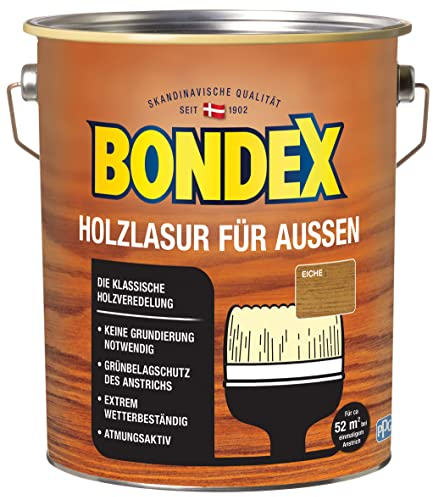 Bondex Holzlasur für Außen Eiche 4 L für 52 m² | Hoher Wetter- und UV-Schutz | Natürliches Abwittern - kein Abplatzen | seidenmatt | Holzschutzlasur | Holzlasur