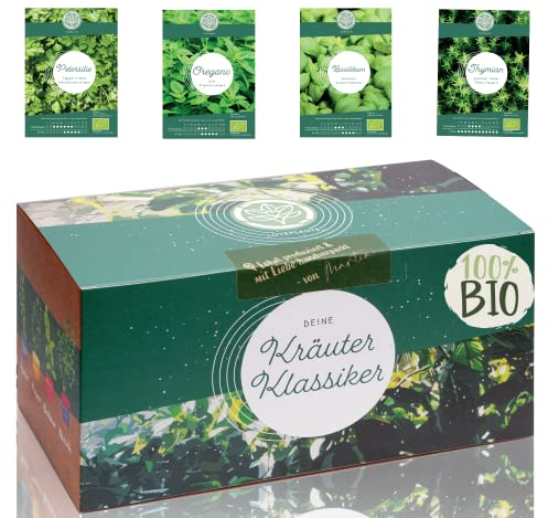 Bio Kräuter Anzuchtset – 4 Küchen Kräuter für dein eigenes Indoor oder Garten Kräuter Beet Projekt | mit extra vielen Kräuter Samen. Handmade & plastikfrei verpackt als einzigartiges Geschenk.