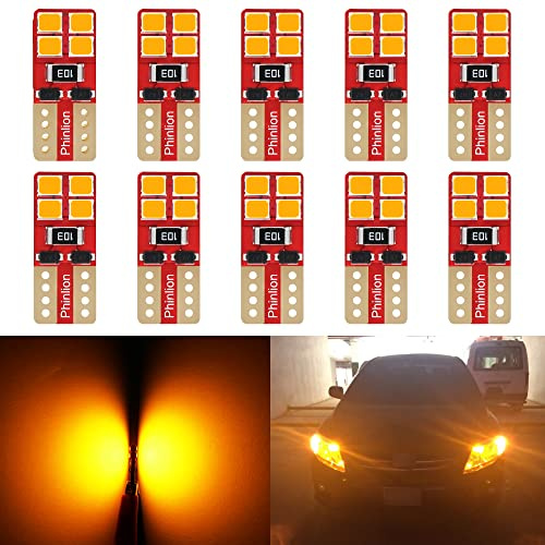 PHINLION Super Bright Miniature Wedge T10 168 194 2825 2827 12396 LED Bulbs for Car Interior Dome Map Side Marker Parking Lights, Amber Yellow (10 Pack)