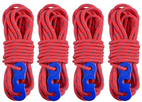 Azarxis Reflektierend Abspannseile mit Seilspanner, Paracordseil mit Einem, 400cm Zeltseil Spannschnur Zeltleine für Tarp Zelt Camping Wandern (Rot - 4 Stück)