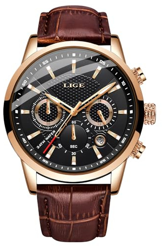 LIGE Montre Homme Mode Cui Étanch Chronographe Quartz Analogique Acier Inoxydable Classique d'affaires Sport Noir Bracelet Montres