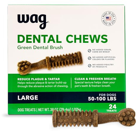 Amazon Basics Dental Dog Treats to Help Clean Teeth & Freshen Breath for Large Dogs, Unflavored, Per Pack: 24 Count, 2.25 pounds (Previously Wag)