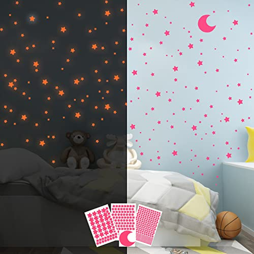 Stelle Adesive Fluorescenti da Parete, 455 Pezzi Autoadesive Stelle e Luna Luminose da Soffitto, Decorazioni per Cameretta Bambini, Stelline Luminose Adesive Colorate Decorative, Adesivi Brillante