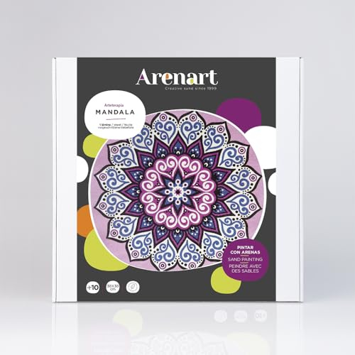 ARENART | Pack 2 Mandalas 38x38cm | mit farbigem Sand malen | Kunsthandwerk für Erwachsene und soziale Einfache Zuges | Malen nach Zahlen | +9 Jahre