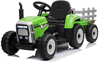 Elektro Traktor für Kinder 12V Workers mit Anhänger, Grün, Hinterradantrieb, Lithium-Akku, Rädern, breitem Sitz, 2,4-GHz-Fernbedienung, MP3-Player mit Bluetooth und SD-Eingang, LED-Leuchten