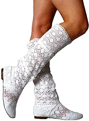 Osheoiso Respirable Botas de Mujeres Primavera Verano Botas de Encaje Hueco Crochet Hollow out Tacones Planos Botas Ligeras de Rodilla Blanco 39 EU