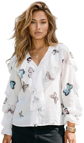 Loalirando Chemisier Femme à Manches Longues Chic Élégant Col en V Chemisier de Bureau Décontracté Sexy à Volant, Blanc Papillon, L