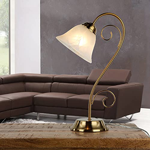 Licht-Erlebnisse Tischlampe Glas Metall in Messing Wohnzimmer Büro 43 cm E14 Rustikal blendarm Nachttisch Schreibtisch Tischleuchte Schlafzimmer ATHEN
