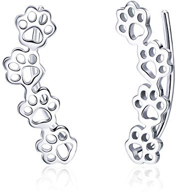 Qings Katze Paw Print Ohrringe: 925 Sterling Silber Nett Pfoten Ohrclip Ear Climber Ohrringe für Damen Tier Ohrklemmen Niedlich Katze Hunde Ohrring Mädchen, Ohr Schmuck Geburtstag Geschenke für Frauen