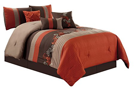 Chezmoi Collection Napa 7-teiliges Luxus-Bettwäsche-Set mit Herbstblättern, Stickerei, California-King-Size-Bett, Rostorange/Braun/Taupe