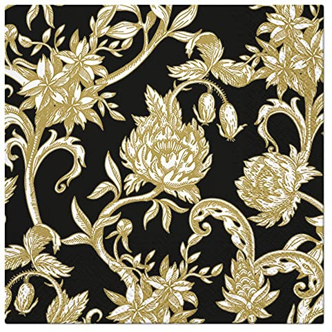 20 Servietten Goldene Blumen auf schwarz | Ranken | Ornamente | Muster | zeitlos | Decoupage | Serviettentechnik | Tischdeko 33x33cm