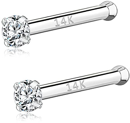 PunkTracker Piercing de nariz de oro real de 14 quilates de 20 g, circonita cúbica, diamantes de imitación, hipoalergénicos, joyería para mujeres y hombres