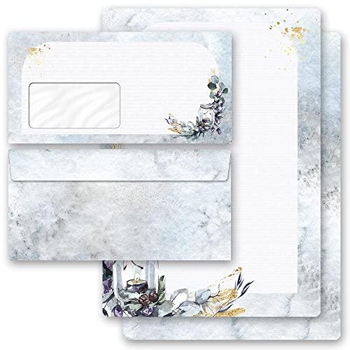 Paper-Media Motivpapier Briefpapier Set WINDLICHT 50 Blatt Briefpapier + 50 passende Briefumschläge DIN LANG mit Fenster, Selbstklebend mit Abziehstreifen, 90g/m², DIN A4, Grau, Dekorativ