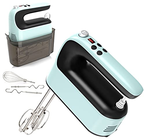 Yomelo 9-Speed Digital Hand Mixer Electric, 400W Powerful DC Motor, Hand Mixer Electric Handheld with Snap-On Storage Case, 5 Stainless Steel Accessories, Beaters, Dough Hooks, Whisk(Ice Blue/Black)