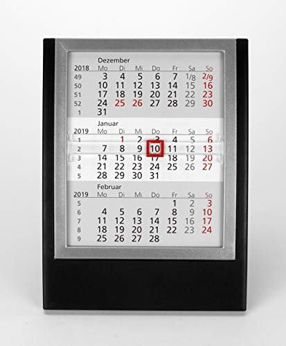 HiCuCo 3-Monats-Tischkalender für 2025 + 2026 + 2027 - Aufstellkalender - mit aufklappbarem Frontrahmen - TypW2 (Schwarz/Silber)