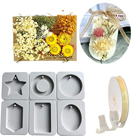 Super Idee Duftanhänger Duftwachs 6 in1 Silikonform DIY Set mit Satinband und Naturliche Getrocknete Blumen als Geschenk für Frauen Geburtstag Bad Yoga Party Hochzeiten Geburtstag Weihnachten