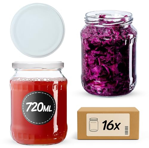 KADAX 16er Set Einmachgläser 720ml TO82 Weiß, Große Sturzgläser mit Schraubdeckel, Einkochgläser Fermentierglas für Gurken, Gemüse, Sauerteig