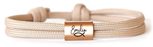 Personalisiertes Kinderarmband mit Namensgravur für Jungen & Mädchen – Kommunionsgeschenk mit Gravur aus Edelstahl & Nylon – Armband mit Fisch Symbol zur Firmung, Konfirmation, Taufe
