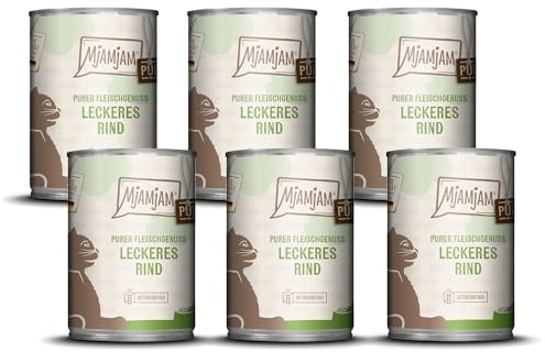 MjAMjAM - Premium Nassfutter für Katzen - purer Fleischgenuss - leckeres Rind pur 400g, 6er Pack (6 x 400g), naturbelassen mit extra viel Fleisch