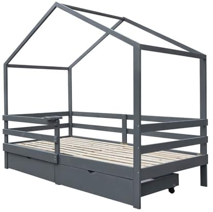 Home Deluxe - Kinderbett Wolkenland mit Schubladen - 90 x 200 cm, Farbe: Grau, Kiefernholz, inkl. Rausfallschutz und Tonieboxhalterung I Kinderbettchen Jugendbett Babybett