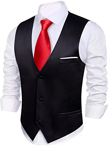 Barry.Wang Vest for Men Business/Leisure Dress Suit Vests V-neck 2 Pockets Wedding Party Tuxedo Satin Waistcoat Black 5XL