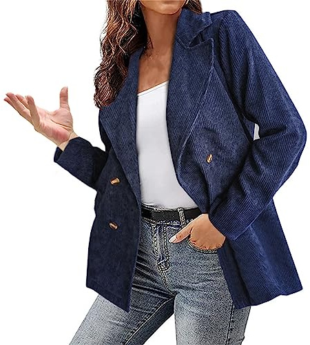 L9WEI Blazer en velours côtelé pour femme - Style décontracté - Vêtement d'extérieur - Pour femme - Ouverture à l'avant, Marine, L