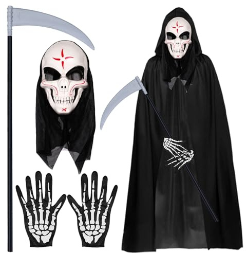 Disfraz de Halloween: Máscara de Cara, Capa Con Capucha de Vampiro, Máscara de Terror, Guantes de Esqueleto y Guadaña de la Muerte