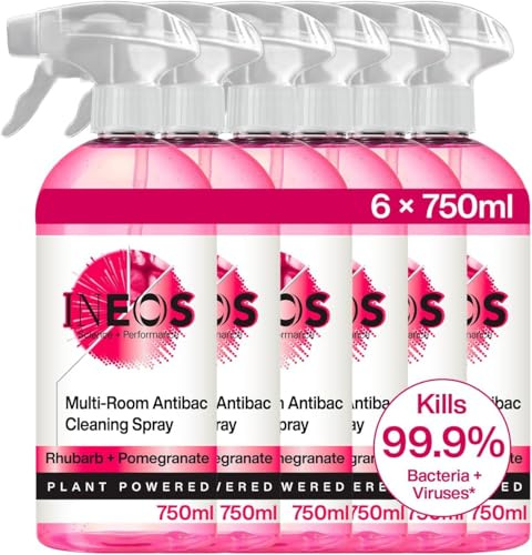 INEOS Next-Gen Cleaning Antibac Spray, 4.5L (750ml x 6), Multi-Room, Plant Powered, Limescale + Grease Remover, Kills 99.9% of Bacteria + Viruses, Rhubarb + Pomegranate, Packaging May Vary