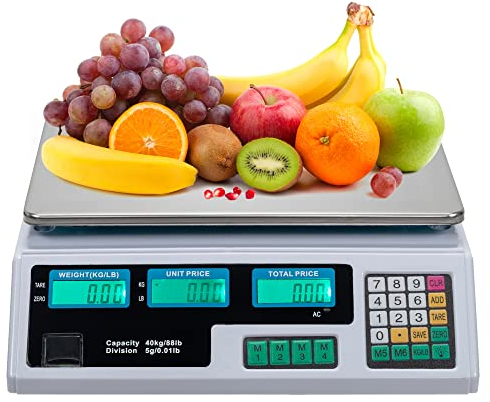 88LB 40KG Deli Electronic Commercial Price Computing Scale w/LCD Display, Stainless Steel Platform & Charging Cable for Store, Kitchen, Restaurant Market, Farmer, Food, Meat, Fruit (Plastic - White)