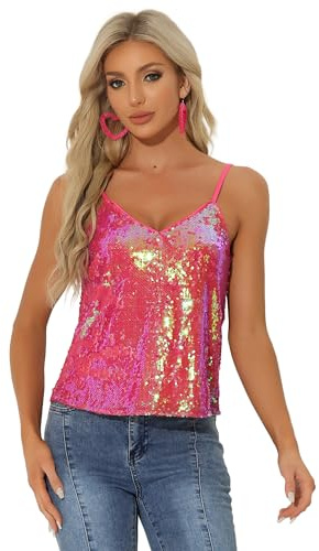 Allegra K Damen Festliches Oberteil Glitzer Top Spaghetti Party Club Camisole Pailletten Shirt Rosa Grün S