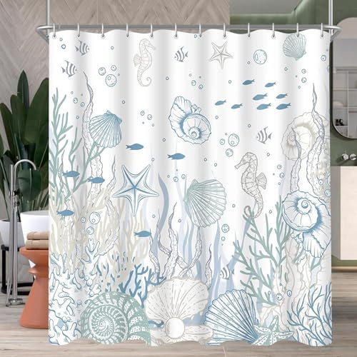 Lerores Duschvorhang 180x200cm, Meeresboden Antischimmel Textil, Beschwerter Saum Wasserabweisend, Waschbar Polyester Stoff Badevorhänge mit Ösen und 12 Duschvorhangringe für Badezimmer, Badewanne