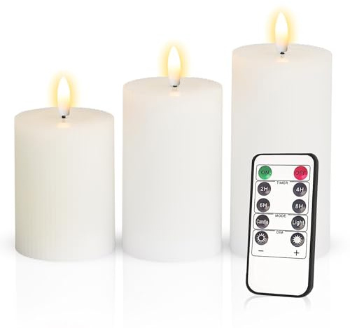 Meisterhome® 3er-Set Flammenlose LED Kerzen - Weiß - Ribble Design Stumpenkerze - mit Fernbedienung – mit Timer - Batteriebetrieben – Warmweiß - 10/12,5/15 cm hoch - mit flackernder Flamme
