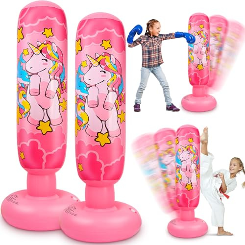 Vinsatin 2 Pcs 47 Kids Punching Bag Girls Stable Inflatable Boxing Bag Unicorn Heavy Punch with Instant Bounce Back Movement Kids Workout Equipment Karate Gifts for Girls Karate Taekwond