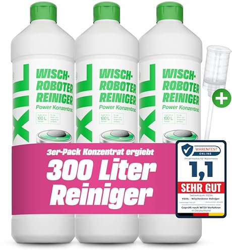 VEXIL Bodenreiniger für Wischroboter – 3x 1L Power Konzentrat (1:100) mit Dosierer – Streifenfrei, schaumarm, biologisch abbaubar – für alle Böden wie Parkett, Fliesen, Laminat – Made in Germany