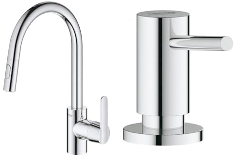 GROHE Robinet de cuisine évier Get, Robinet avec douchette extractible, Bec en forme & Distributeur de savon encastrable, distributeur savon cuisine, distributeur savon liquide capacité de 500ml
