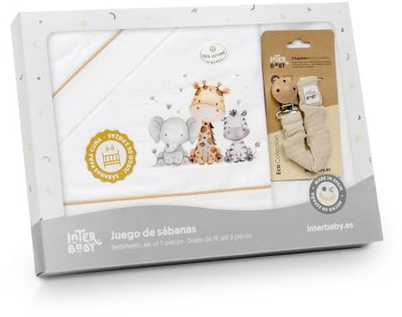 Danielstore Sabanas Cuna 60x120 100% Algodon Set 3 Piezas con Sabana Bajera Transpirable Ajustable Lavable + Funda Almohada Suave Pack para Descanso de Bebes y Recien Nacidos Jirafa Elefante beig