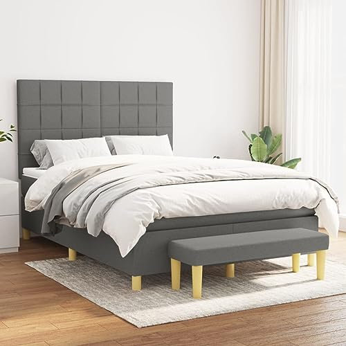 Homgoday Boxspringbett mit Matratze Polsterbett Doppelbett Einzelbett Gästebett Bett mit Lattenrost & Bettbank Bettgestell mit Kopfteil (Block mit Quadraten) Dunkelgrau 140x190 cm Stoff