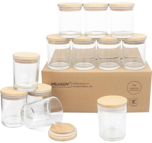 MILIVIXAY 12 barattoli in vetro trasparente da 200 ml, spessi con coperchio, barattoli vuoti per la produzione di candele, spezie, contenitori in polvere