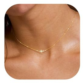 JNZSSWHJJH Cross Necklace for Women - 18K Gold Plated Sideway Cross Necklace Dainty Gold Cross Necklace for Women Gold Jewelry Christian Christmas Gift for Woman Teens