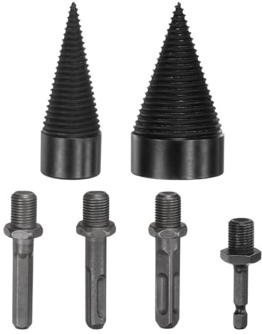 M METERXITY 2-Pack Wood Splitter Drill Bit 32mm + 50mm + 4 Handles (Square + Round + Hex Shank + Small Hex) Firewood Log Splitter Drill Bit for Family/Outdoor/Stove/Farm [Black+Grey]