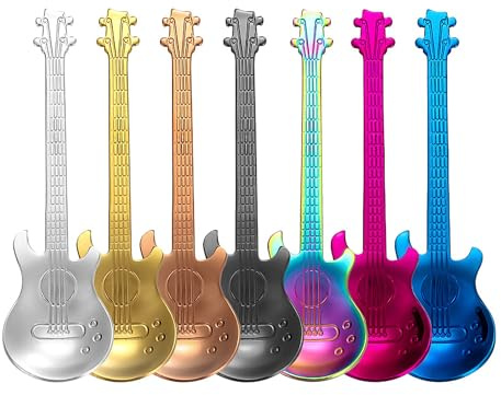 Foyscr 7 Piece Guitar Coffee Teaspoon, Stainless Steel Latte Spoon, Ideal Music Coffee Gift Set, Cute Teaspoon Set, Ice Cream, Dessert, Stirring, Sugar Spoon, Creamer