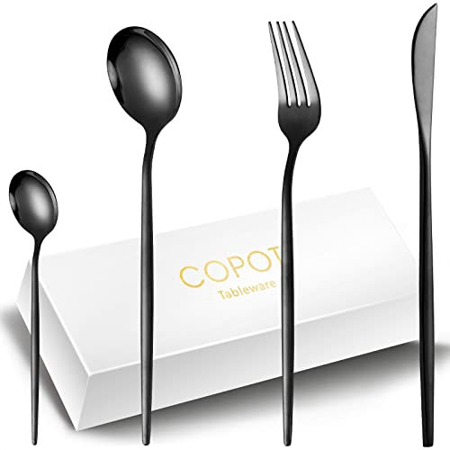 COPOTIO Couverts de table noir 6 personnes, Ensemble de couvert acier inox 24 pièces, avec cuillère et couteau fourchette, Poignée fine