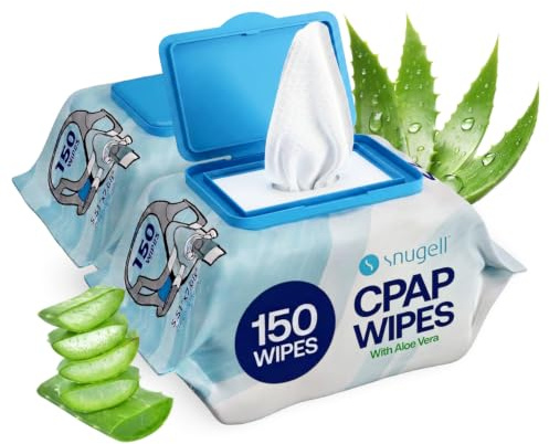 Snugell CPAP Maskentücher, 2 Packungen mit 150 Tüchern, geruchlos, fusselfrei, alkoholfrei, reinigungssicher mit Aloe Vera, bequem & einfach zu bedienen, reisefreundlich, für Erwachsene & CPAP-Nutzer